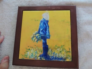Tile Art Framed Barbara Marks Hand Crafted Tile Girl in the rain with flowers - Picture 1 of 12