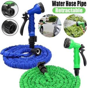 NEW 50FT FLAT GARDEN HOSE PIPE REEL WITH SPRAY NOZZLE GUN OUTDOOR WATERING - Picture 1 of 9