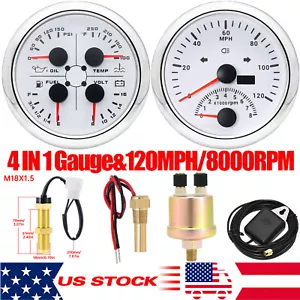 85MM White 4 IN 1 Gauge Fuel/Oil/Temp/Volt&85mm GPS Speedometer 120MPH W/Tacho - Picture 1 of 24