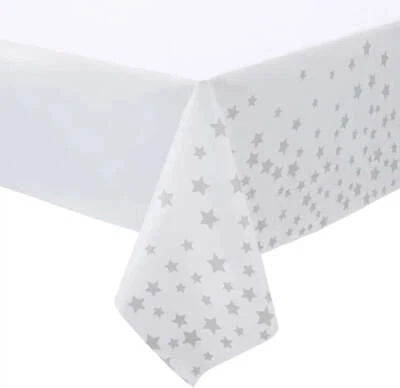 Rectangular Silver Star White Plastic Table Cover Party Tablecloth Tablecover - Image 1 of 2