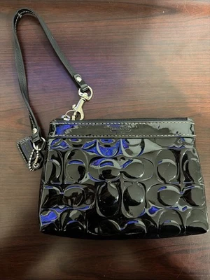 COACH Signature Stitch Black Patent Leather Wristlet / Wallet / Clutch / Blue In - Image 1 of 4