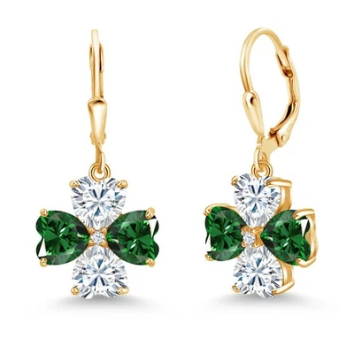 18K Yellow Gold Plated Silver Nano Emerald and White Moissanite Dangle Earrings - Image 1 of 3