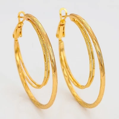 Круглые серьги-кольца 1,6 дюйма из чистого серебра с покрытием из 18-каратного золота D101 - Изображение 1 из 4