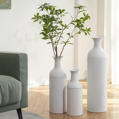 White Tall Floor Vase: Large Ribbed Metal Vases 27/20/16in for Living Room, M... - Image 1 of 4