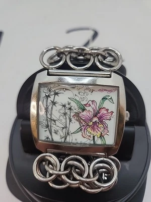 Ed Hardy Silver Tone Chain Link Quartz Watch Floral Dial Broken Clasp S1 - Image 1 of 4