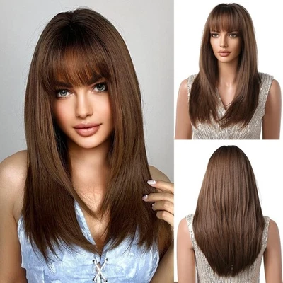 Peluca de disfraz larga recta marrón con flequillo cabello sintético resistente al calor Foto 1 de 4