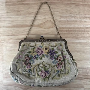 Vintage Nadelspitze Gobelin Handtasche Rose Blumen Gold Rahmen Handtasche viktorianisch  - Bild 1 von 8