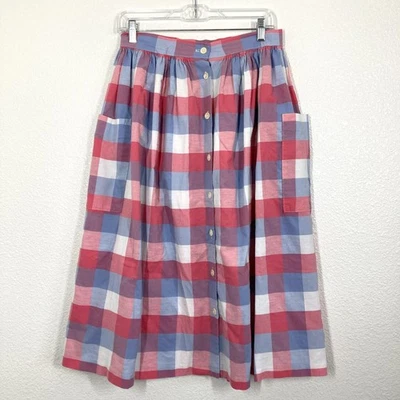 Vintage Russ Skirt Womens Medium Red Blue Plaid Cotton Button Front Pockets 80s - Image 1 of 4