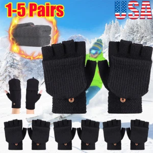 Knitted Convertible Mittens Flap Fingerless Gloves Thermal Winter Wool Fingerles - Picture 1 of 13