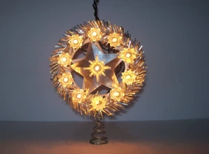 Topper de árbol de Navidad vintage de 11 luces con estrella de oropel plateado de mediados de siglo - Imagen 1 de 11