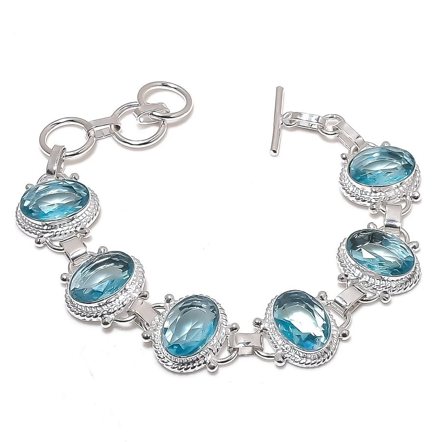 Aqua Aqumarine Gemstone Handmade 925 Sterling Silver Jewelry Bracelet Size 7-8" - Image 1 of 1