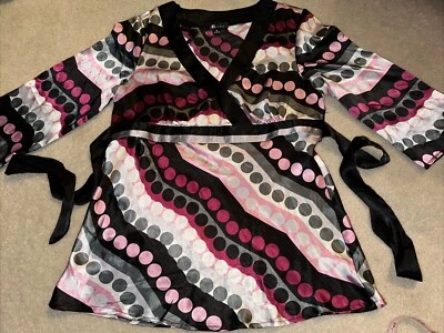 AB STUDIO Women Multicolor 3/4 Sleeve Polka Dots V-Neck Shirt Blouse SZ M Career - Image 1 of 4