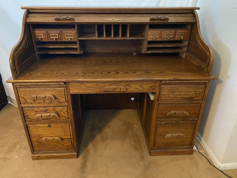 OAK WOOD ROLLTOP DESK ROLL TOP DESK DRAWERS CUBBIES Cover
