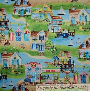 BonEful Fabric FQ Cotton Quilt Blue Sky Cloud Water Scenic Sail Boat House Ocean - Picture 1 of 15