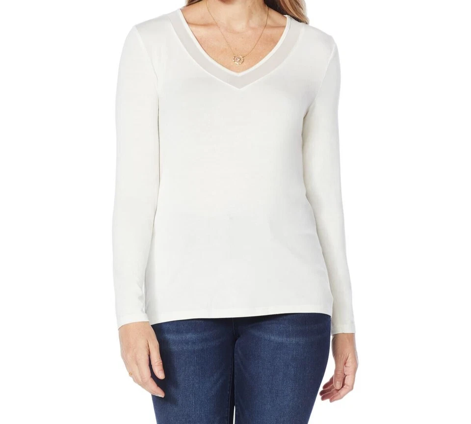 Top Colleen Lopez para mujer con cuello en V inserción de malla manga larga marfil liso 2X talla grande Foto 1 de 1