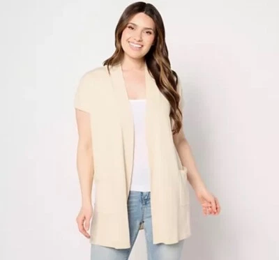 Denim & Co Naturals Regular Short Sleeve Tunic Cardigan Stone Khaki XS - A643752 - Image 1 of 4