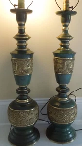 RARE PAIR OF 40 1/2" TALL SOLID BRASS TABLE LAMP WITH ORNATE DESIGN, JAPAN - Picture 1 of 9