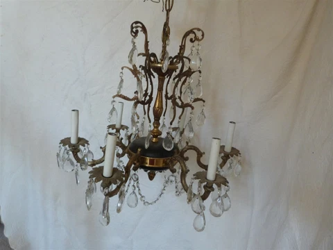VINTAGE Hollywood Regency Empire 6 Arm Bronze/Brass Black Crystal Chandelier 22" Cover