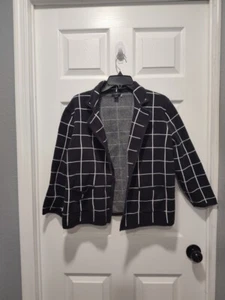 Ann Taylor Factory Womens Large Black Windowpane Check Cotton Knit Blazer Jacket - Picture 1 of 8