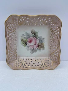 Vintage Schumann Floral Square Reticulated Gold Edge Plate - Picture 1 of 4