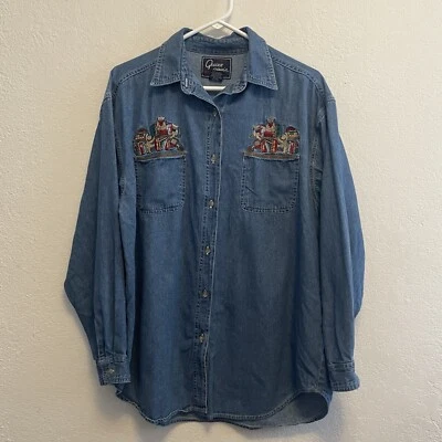 Vintage Quizz New York Top Womens Sz L Blue Denim Embroidered Bear Long Sleeve - Image 1 of 4