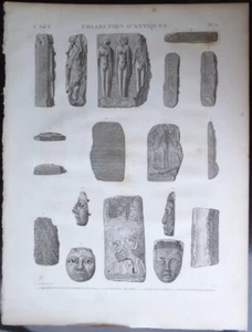 1820 Descripción de l'Egypte Vol V Placa 70 Máscaras de momia de madera, figuras de basalto - Imagen 1 de 2