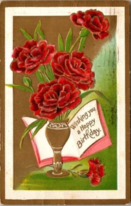 Postcard Wishing You A Happy Birthday Flowers Embossed Gold Frame - Picture 1 of 2