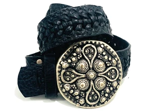 Chicos Womens Belt Morocco Braided Black Leather Silver Tone Medallion SZ 40 LAR - Picture 1 of 10