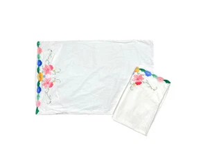 Handmade Vintage Pillowcases 2 White Floral Embroidered Shams Cotton Flower Pair - Picture 1 of 4