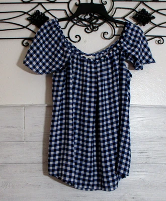 Maison Jules Women's Top Size M Short Sleeve Blue Plaid Round Neck - Image 1 of 4