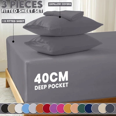 IMPERIAL ROOMS Fitted Sheet Set With Pillow Cases 40cm Deep 3 Piece Hotel Bed Sheets All Sizes