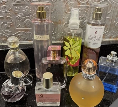 9 Piece Lot Womens Variety Luxury Fragrances Body Mists Full Size - Image 1 of 4