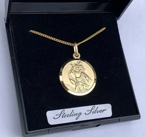 St Christopher Pendant 28" Chain Sterling Silver 9ct Gold Plated UK Supply Boxed - Picture 1 of 5