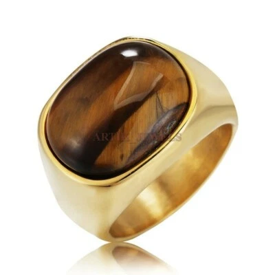 Piedra preciosa natural ojo de tigre con anillo de plata enchapado en oro de 14K para hombre #1619 Foto 1 de 4