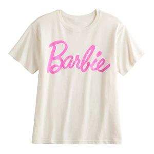 NEW Barbie Logo Graphic Tee Juniors sz XS (0/1) white & pink ladies t-shirt top - Picture 1 of 4