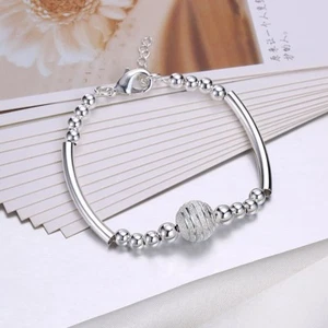 Damen 925 Sterling Silber Perlen Kugel Schnur Gliederkette Mode Armband #B479 - Bild 1 von 6