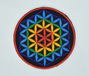 Round Sew On Patch * Nepalese * 8.3cm * Rainbow Flower of Life LGBTQ+ Gay Pride - Picture 1 of 3