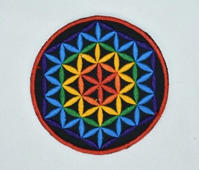 Round Sew On Patch * Nepalese * 8.3cm * Rainbow Flower of Life LGBTQ+ Gay Pride - Image 1 of 3