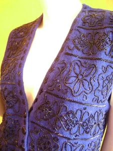 Vintage 80s Deep Blue Sweater Vest Cardigan Black Glass Seed Beads BEADED M - Bild 1 von 1