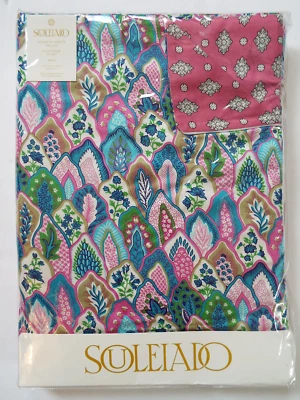 Souleiado Satin Pink Blue Green Floral Reversible Duvet Cover 94x87" Queen? - Image 1 of 4