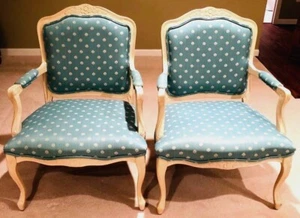 Pair Charming French Louis XV Armchairs Carved Frame Green with White Polka dots - Picture 1 of 9