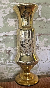 Hand blown Antique Victorian Gold Mercury Glass Vase Hand Painted Flowers 12" - Picture 1 of 19