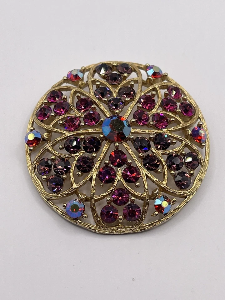 Vintage Signed Lisner Purple Pink AB Rhinestone Gold-tone Brooch  - Image 1 of 4