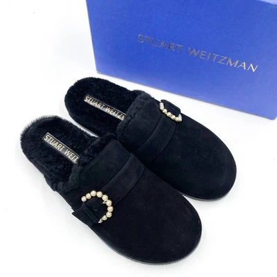 Stuart Weitzman Piper Chill Mules Black Suede Embellished Shearling Slip On 10.5 - Image 1 of 4
