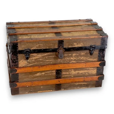 Flat Top Brown Canvas Steamer Trunk Coffee Table 33x21x19 Antique 1900's - Image 1 of 4