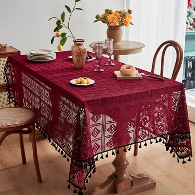 Vintage Burgundy Hand Crochet Lace Tablecloth Table Cover Wedding Party Decor - Image 1 of 4