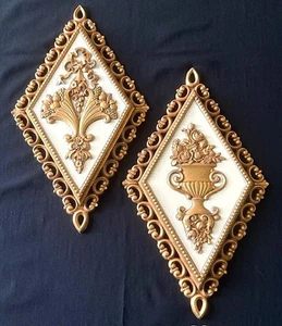 Vintage Pair MCM Homco Syroco Wall Plaques Gold Cream Diamond Shape 7224/7225 - Picture 1 of 9