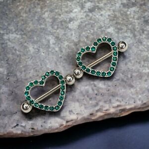 14g pair green sparkle cz heart shield nipple rings (J149-150)