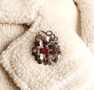 HEBE Vintage Sterling Silver Red Rhinestone Flower Brooch Pin Pendant Art Deco - Picture 1 of 14