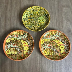 3 Crate & Barrel CB2 Pop Art Retro Ceramic BYO Wine Cheese Appetizer Plates Set - Picture 1 of 8